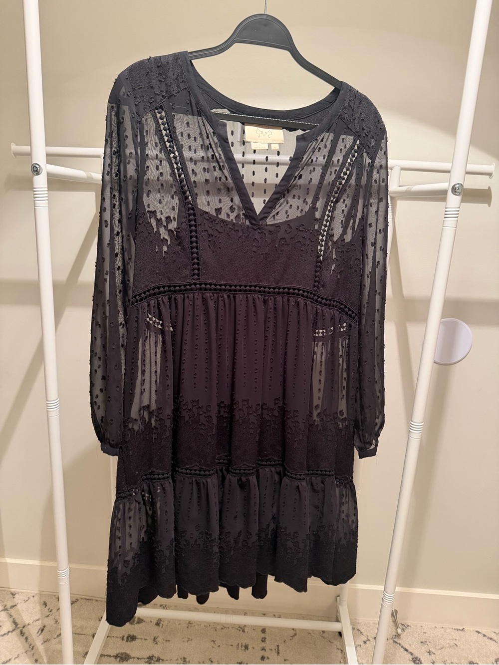 Anthropologie Black Sheer V-Neck Tiered Mini Dress
